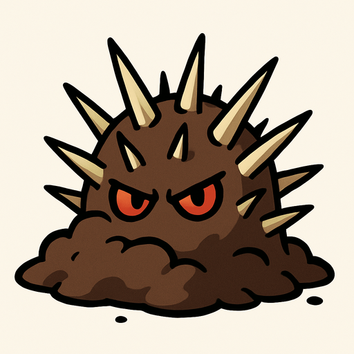 una planta que emerge del suelo como una masa de tierra marrón, semi-enterrada. De ella sobresalen una serie de púas afiladas de color beige, de diferentes tamaños y ángulos, dispuestas en varias filas. En el centro, asoman dos ojos pequeños y rojos, con una mirada intensa y ligeramente enojada..
In-Game asset.  2d.  High contrast.  No shadows