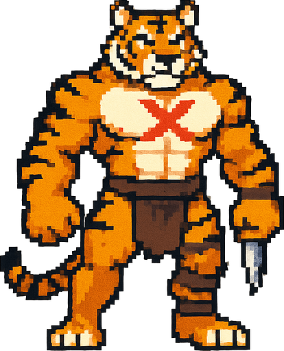 Tigre furry fuerte con una marca de x en su pectoral y pixeleado y que se vea todo su cuerpo, con un taparrabos y una piernera con una daga 
In-Game asset.  2d.  High contrast.  No shadows
