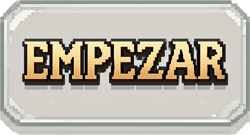 Transparent, colorless glass button that says "Empezar" (Spanish for "Start"), featuring an adventure video game font and Pixel Art style.
