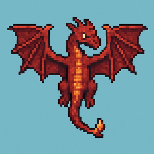 dragón volando pixel art.
In-Game asset.  2d.  High contrast.  No shadows vista desde arriba