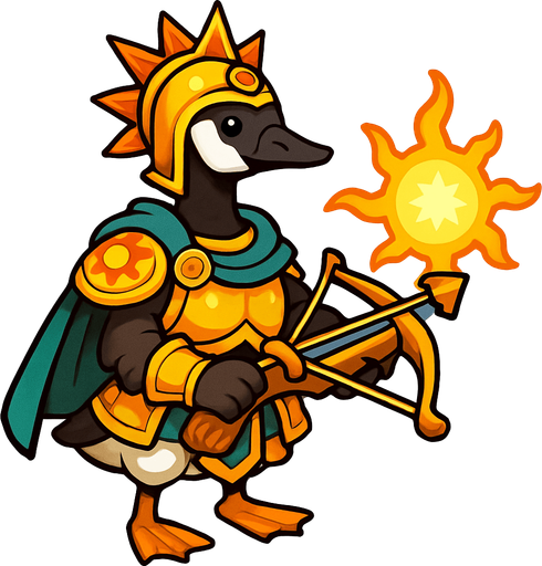 Canadian Goose in Sun Warrior Outfit with Magic Sun Crossbow.
In-Game asset.  2d.  High contrast.  No shadows