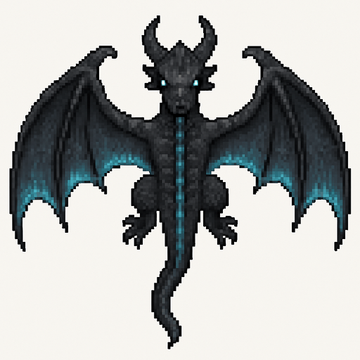 “Pixel art dragon viewed from top-down, with wide leathery wings fully spread, long tail, visible back ridges and horns. Dark grey or black scales, subtle blue flame glow under the wings and spine, menacing but organic design. Sized to carry a small goblin rider on its back. 2D video game asset, fantasy themed.”.
In-Game asset.  2d.  High contrast.  No shadows.
In-Game asset.  2d.  High contrast.  No shadows