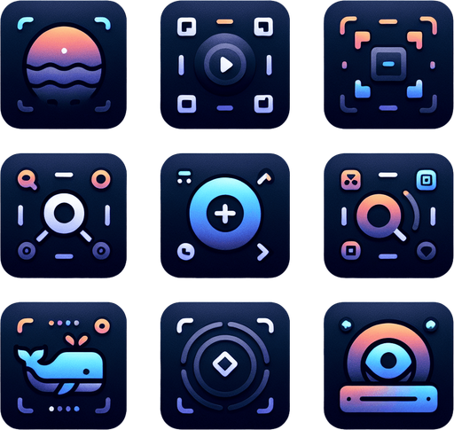 Collection of high definition modern rounded squares buttons.
simple icons : resize , fullscreen (arrows), magnifier with +,...,
Simple backgrounds. 
Few dark "blue whale" gradient colours.
no text