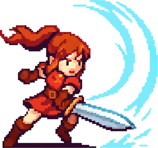 swordsgirl hero attack, sending shockwaves, pixel art, no background.
In-Game asset.  2d.  High contrast.  No shadows