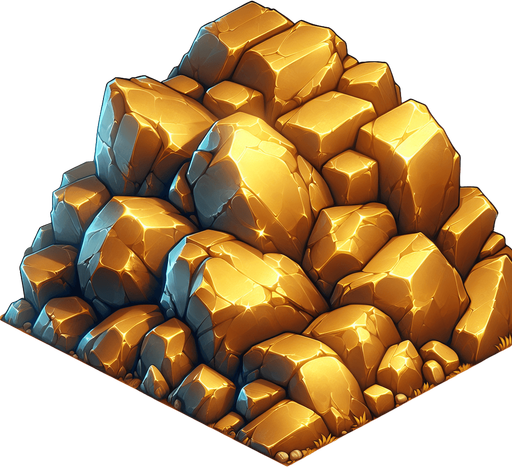 gold rocks.
Single Game Texture. In-Game asset. 2d. Blank background. High contrast. No shadows.