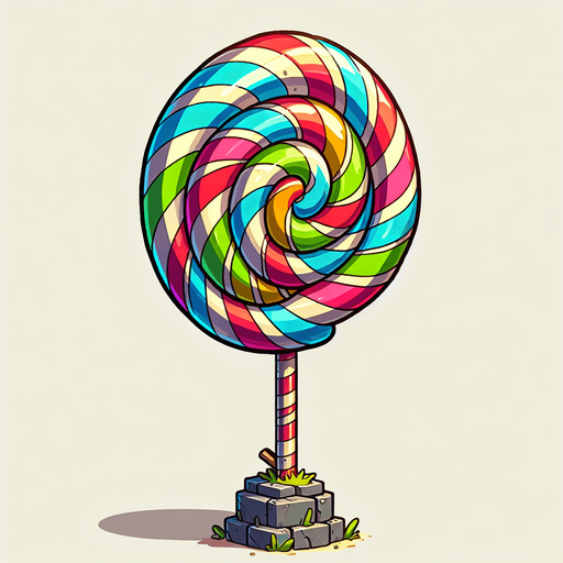 Create a cartoon-style lollipop tower as an obstacle in a helicopter game. The tower should look like a giant stacked swirl lollipop with a stick base, colorful stripes, and a playful vibe. Use bold outlines and a candy theme..
Single Game Texture.  In-Game asset.  2d.  Blank background.  High contrast.  No shadows