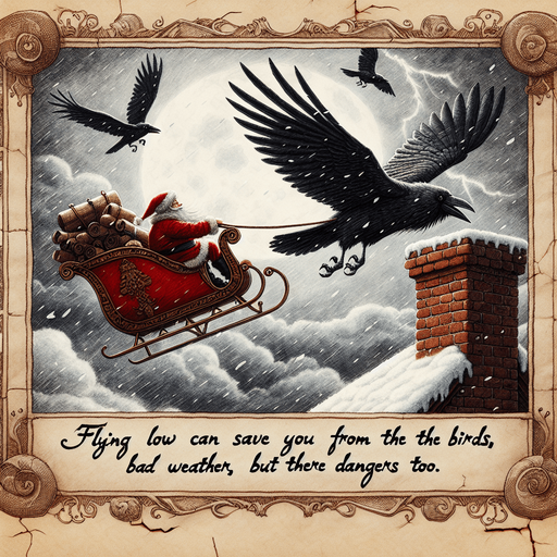 a pergament with a flying santa on his sledge hiding for ravens and storms. In front of him is a chimney. There is the text: "Flying low can save you from the birds and bad weather, but there are dangers too"