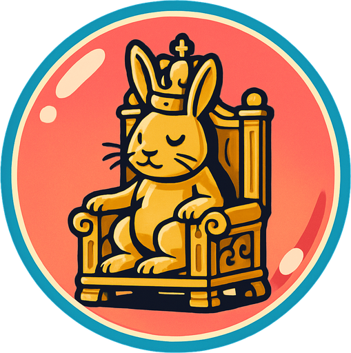 a bubble with a golden king rabbit inside sitting in a throne.
In-Game asset.  2d.  High contrast.  No shadows