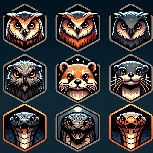 A sprite sheet for game icons featuring an owl, an otter and a snake. Hexagon icons featuring the head of animal. 
Single Game Texture. In-Game asset. 2d. Blank background. High contrast. No shadows.