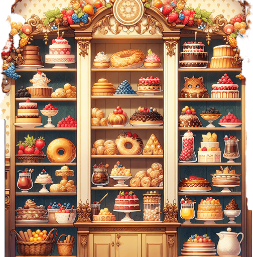 A bakery wall with shelves full of cakes, toppings, berries. Rich game illustration style..
Single Game Texture. In-Game asset. 2d. Blank background. High contrast. No shadows.