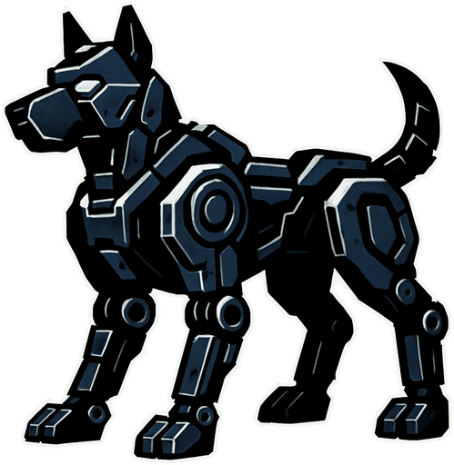 Perro negro robotico.
In-Game asset.  2d.  High contrast.  No shadows