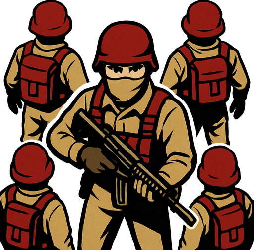 The enemy soldiers should look at us from a bird's eye view, but the soldier should look forward with a weapon in hand..
In-Game asset.  2d.  High contrast.  No shadows