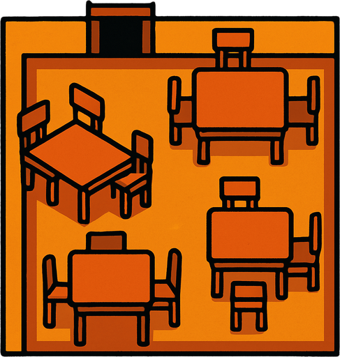 kuş bakışı birkaç masası olan bir oda.
In-Game asset.  2d.  High contrast.  No shadows