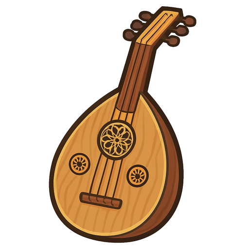 A clean, stylized 2D illustration of a traditional Middle Eastern oud instrument. The body should be teardrop-shaped with a wooden texture, 5–6 tuning pegs, and ornate sound holes. The image should have a warm, earthy color palette (browns and golds) with soft shadows and a clear outline. Designed in cartoon or flat vector style, suitable for mobile games. Export as a transparent background PNG, so it can be placed over any UI or background. Should be visually clear even at small sizes..
In-Game asset.  2d.  High contrast.  No shadows