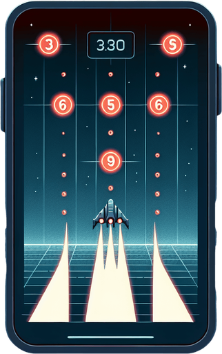 A clean and minimalistic game interface for a Galaxian-inspired game, viewed flat and straight from the front as a mobile app UI. At the bottom of the screen is a sleek, centrally aligned starship designed to fire single projectiles upward. The background features a simple, dark space theme with scattered stars and soft gradients, maintaining a futuristic yet uncluttered aesthetic.

At the top of the screen, coins are arranged in an 8-column by 4-row grid formation, resembling a classic bug-like pattern. Among these, four consecutive coins in the central row are replaced with glowing red digits '3,' '6,' '9,' and '8,' positioned prominently. These digits are larger, brighter, and pulse subtly, making them stand out distinctly from the neutral-colored coins while remaining seamlessly integrated into the grid. The clean layout highlights the digits' importance while keeping the overall design sleek and user-friendly.
Single Game Texture. In-Game asset. 2d. Blank background. High contrast. No shadows.