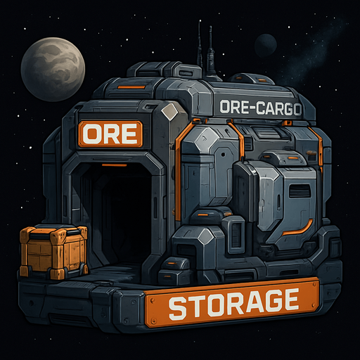 Uzay temalı global Cevher deposu, uzay kargosu, gerçekçi, Altında "Storage" yazsın.
In-Game asset.  High contrast.  No shadows