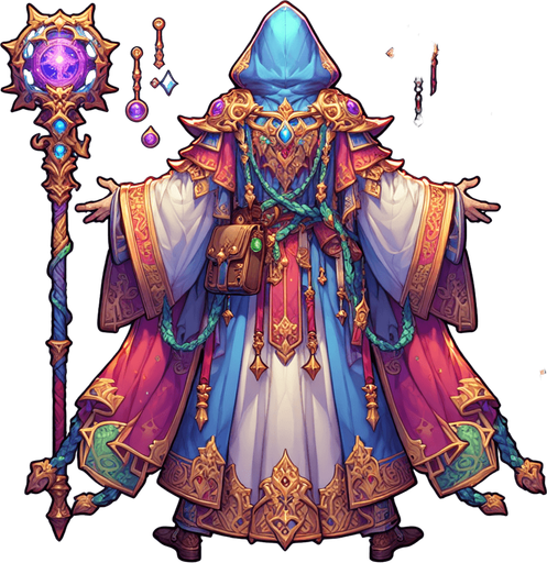 flyn mage. backview.
Single Game Texture.  In-Game asset.  2d.  Blank background.  High contrast.  No shadows