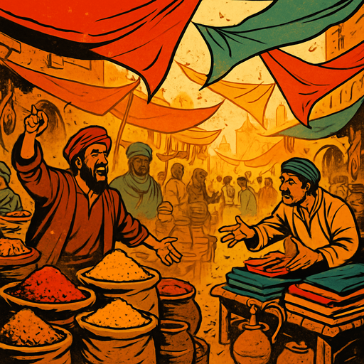 A dusty medieval trade bazaar with exotic goods, traders shouting, spices in the air, colorful fabrics blowing in the wind, realistic.
In-Game asset.  2d.  High contrast.  No shadows