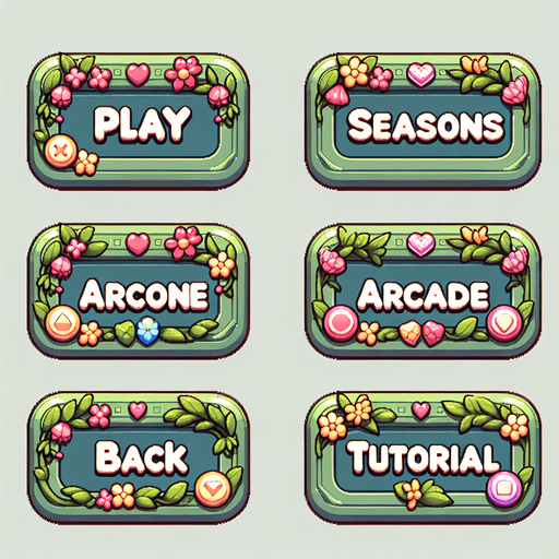 A sprite sheet with menu buttons for a game. Rectangular buttons say “Play” “Seasons” “Arcade” “Back” and “Tutorial”. Font should be stylized and include flowers on the edges. Vivid cartoon graphics. Color scheme should be greens with, pink and yellow. 
Single Game Texture. In-Game asset. 2d. Blank background. High contrast. No shadows.