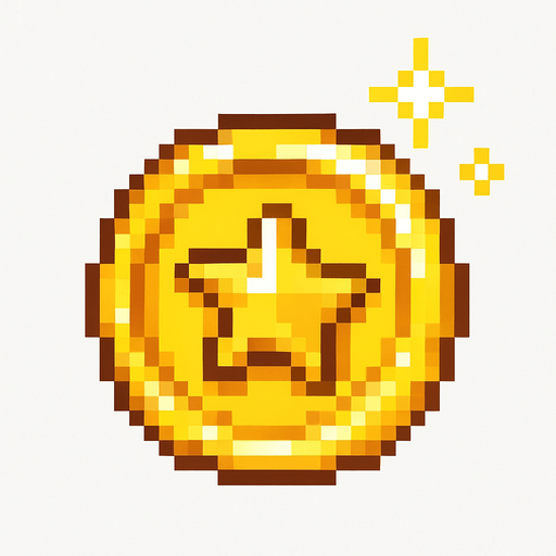 Golden coin sprite, shiny yellow gold surface, circular shape with star or gem symbol in center, pixel art style, slight shine effect or sparkle, collectible item appearance, rotating animation-ready, bright and eye-catching, classic video game coin design, 16-bit aesthetic, transparent background.
In-Game asset.  2d.  High contrast.  No shadows