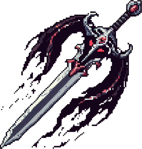 pixel art of an evil fantasy sword facing downward. Minor red details.
Single Game Texture. In-Game asset. 2d. Blank background. High contrast. No shadows.
