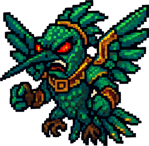 Genérame una olibrí Esmeralda Andina guerrero azteca con eso patrones, estilo pixelar, con una apariencia maligna, ojos rojos, rabioso. Unidad aerea con alas. Animal.
In-Game asset.  2d.  High contrast.  No shadows
