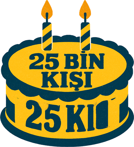 Sarı lacivert bir doğum günü pastası oluştur , 2 tane mumlu . Bu pastanın üstünde "25 Bin Kişi" yazsın . retro temada olsun ..
In-Game asset.  2d.  High contrast.  No shadows