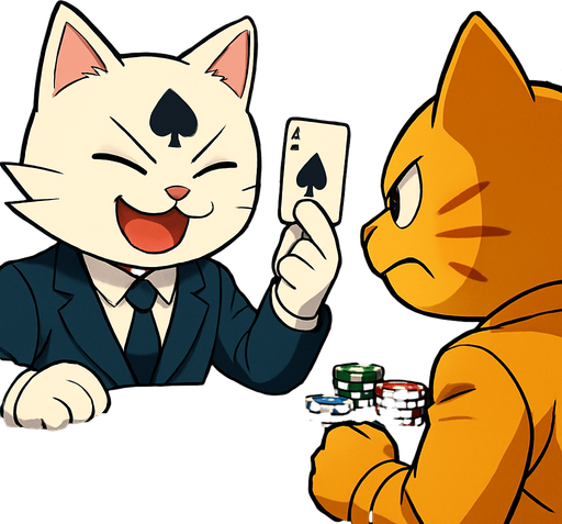 16:9 App Store banner with these two cats playing cards across the table from each other.  View is over the left shoulder of the orange cat towards the white cat, who is holding a card in the air with two fingers and looking triumphant. Poker chips are scattered across the table.