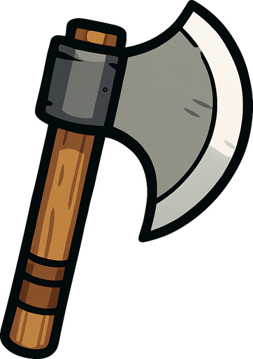 Has un hacha medieval que su lado afilado este de frente estilo cartoon.
In-Game asset.  2d.  High contrast.  No shadows