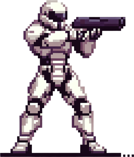 pixel art image of a stormtrooper from the Star Wars universe. The stormtrooper should be standing in a defensive pose, with their blaster raised.
Single Game Texture. In-Game asset. 2d. Blank background. High contrast. No shadows.