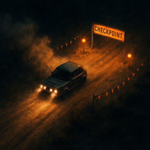 Checkpoint rally rod with dust in night, bird view