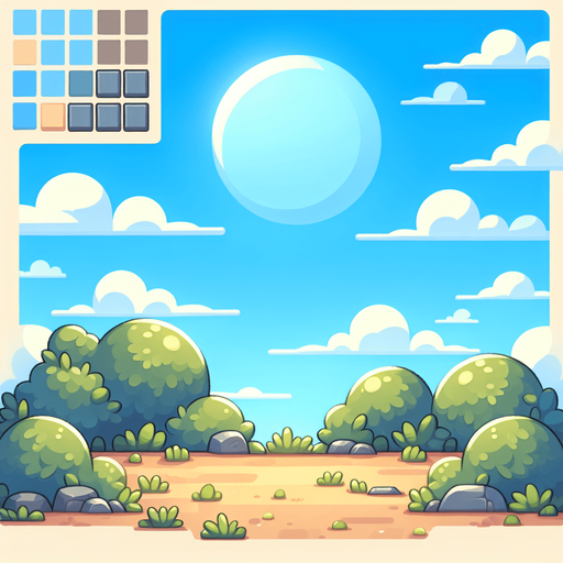 задний фон. небо голубое внизу картинки кусты.
Single Game Texture. In-Game asset. 2d. Blank background. High contrast. No shadows.