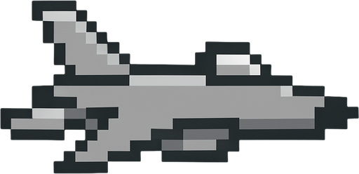 Avión de color gris sin ruedas 8 bit.
In-Game asset.  2d.  High contrast.  No shadows