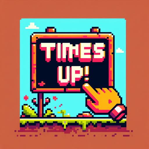 cartoon and 8 bit message. reads:

Time's Up!.
Single Game Texture. In-Game asset. 2d. Blank background. High contrast. No shadows.
