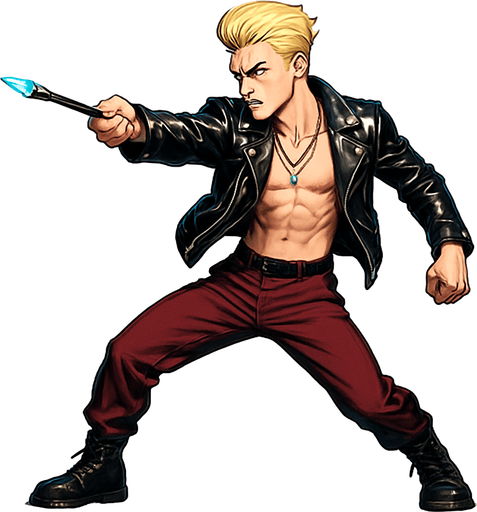 Cyberpunk manga man blonde undercut pompadour shiny black leather biker jacket longsleeves shirtless thin abs pecs necklaces gemstone tipped wand side profile view, action shot wand pointed straight in front arm extended wand casting spell feet planted, standing upright fierce fashion pose animation blonde undercut pompadour, vampire fangs, wine red joggers, combat boots, Background removed, "Full-body character, entirely in frame, no cropping of face, head, or feet" "Complete character visible, from head to toe, fully centered in the image" "Entire character, including face and shoes, fully within the frame" Character fully contained within a square frame, no edges cut off,