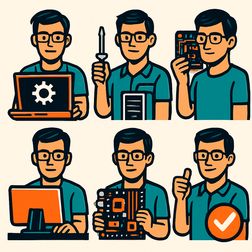 Bilgisayar teknikeri personel, 6 farklı resim olsun..
In-Game asset.  2d.  High contrast.  No shadows