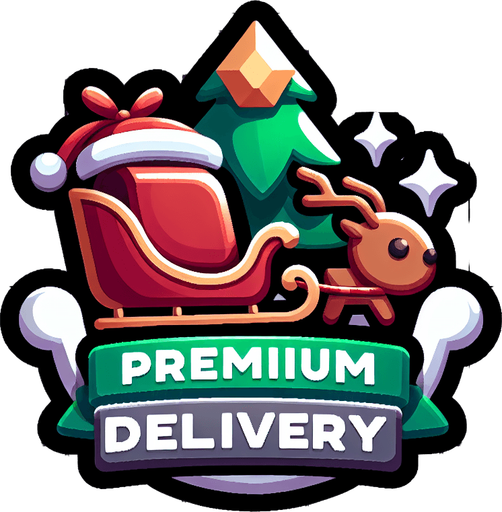 Icon for premium christmas delivery, cartoon, with the text: „Premium Delivery“ at top Single Game Texture. In-Game asset. 2d. Blank background. High contrast. No shadows.