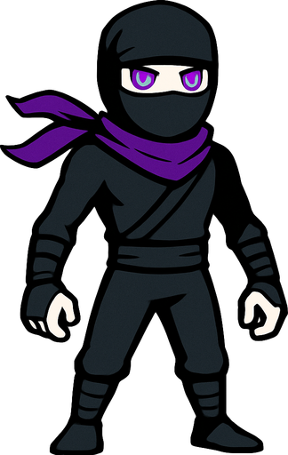 A ninja wearing tight black clothes, purple scarf, masked face, white skin, glowing purple eyes, slim and agile body, simple background, front-facing character with no background, standing pose, 2D game character.
In-Game asset.  2d.  High contrast.  No shadows