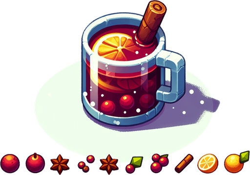 cartoon mulled wine.
Single Game Texture. In-Game asset. 2d. Blank background. High contrast. No shadows.