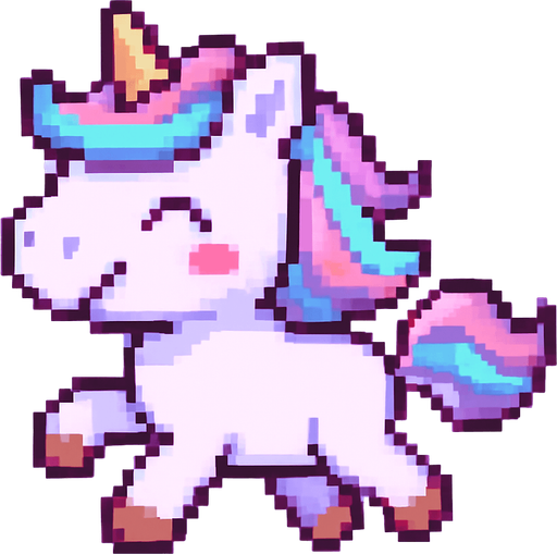 El unicornio debe ser un personaje adorable y colorido en estilo pixel art, con cuerpo erguido sobre dos patas traseras como si caminara o corriera, crin y cola multicolor en tonos pastel (rosa, celeste, violeta), cuerno dorado o brillante en la frente, y una expresión alegre o soñadora en su rostro; su cuerpo debe ser blanco o lavanda claro, con detalles simples como cascos marcados y orejitas visibles, y su animación puede incluir un suave rebote o movimiento de la crin al desplazarse; el estilo debe ser caricaturesco y alegre, con fondo transparente y un diseño encantador que encaje bien en un juego mágico, infantil o casual..
In-Game asset.  2d.  High contrast.  No shadows