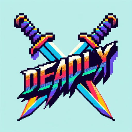 colored text saying (DEADLY). sharp dagger edges around the text. pixelated. 8 bit. retro Single Game Texture. In-Game asset. 2d. Blank background. High contrast. No shadows.