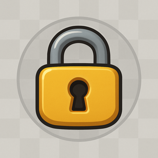 A small, flat 2D padlock icon designed for mobile games. The lock should be cartoon-style with a rounded body, thick outline, and a keyhole in the center. Use soft shadows and a slight 3D effect. The color should be golden yellow or metallic gray, clearly visible when placed over a flag. The icon must have a transparent rounded background and be suitable for overlaying on a world map UI in a kids’ adventure game..
In-Game asset.  2d.  High contrast.  No shadows