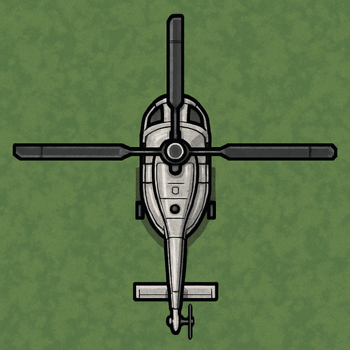 Helicopter image from upsite for 2d rpg game, color of helicopter is silver.
In-Game asset.  2d.  High contrast.  No shadows