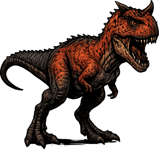 A fierce Carnotaurus dinosaur depicted in a dynamic neutral pose on a transparent background. It has a slender but muscular body covered with rough, textured reddish-brown and dark gray scales. The head is distinctive with two prominent horns above its eyes and a wide mouth showing sharp teeth. Its arms are tiny and tucked close to the body, while powerful legs end in sharp claws. The skin shows bumps and small scars, emphasizing its predatory nature and agility..
In-Game asset.  2d.  High contrast.  No shadows