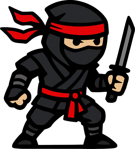 A generally black and grey ninja, but with a few red details..
In-Game asset.  2d.  High contrast.  No shadows
