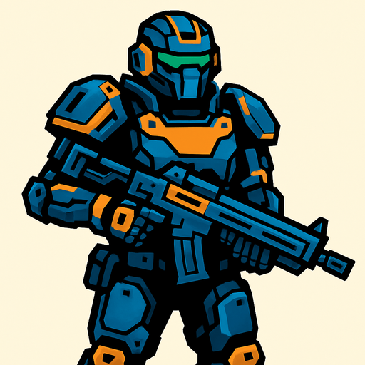 technological soldier.
In-Game asset.  2d.  High contrast.  No shadows