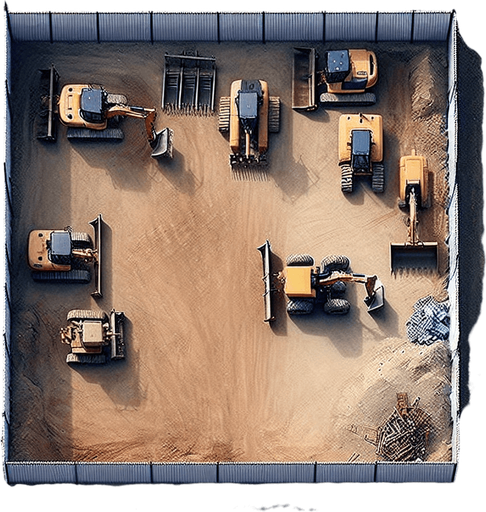 A small Constrution Yard. 
No people, No buidings, just 2-3 construction machinery with a fence.
No perspective, Directly from above