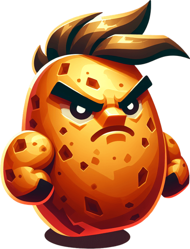 A heroic potato.
Single Game Texture. In-Game asset. 2d. Blank background. High contrast. No shadows.