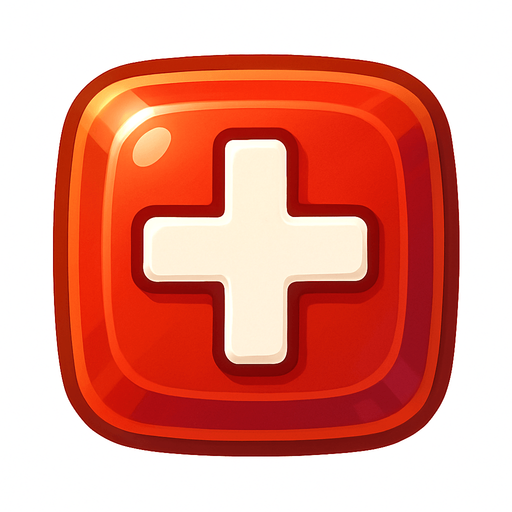 A 2D top-down icon for a match-3 special gem with a bright colored jewel (blue or red) and a bold white plus (+) sign on top.
The plus sign should be centered, thick, and clearly visible.
The gem should have a shiny, cartoon-style look with soft gradients and a glowing outline.
No background, transparent, game-ready.