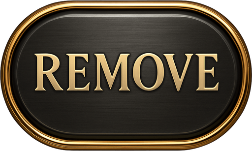 Crea un asset visual para un botón 'REMOVE' (Quitar Apuesta) para la mesa de Blackjack de lujo.

Objetivo: Un botón claro y elegante que permita al jugador quitar su apuesta actual y regresarla a cero, coherente con la opulencia del casino.

Diseño:

Forma: Puede ser un óvalo o un rectángulo con bordes suaves, que sea prominente y fácil de pulsar.

Texto Central: La palabra 'REMOVE' (o 'CLEAR BET') en mayúsculas, con una tipografía audaz, limpia y elegante de casino.

Color: Base en un color que sugiera "borrar" o "resetear" sin ser estridente. Considera un gris oscuro metálico, un plateado pulido o un bronce oscuro, con un acabado elegante.

Borde: Un borde brillante en dorado o plateado.

Efectos (si Upit lo permite):

Sutil efecto de relieve o biselado para darle profundidad.

Un ligero brillo o resplandor que lo haga destacar.

Textura que simule metal pulido o un material lujoso.

Fondo: El asset debe ser independiente con fondo transparente, listo para ser superpuesto en la inter.
In-Game asset.  2d.  High contrast.  No shadows